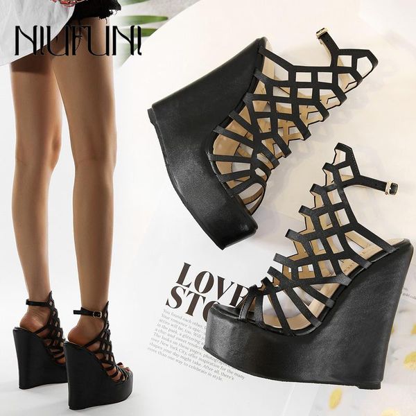 

dress shoes gladiator hollow wedges platform women's sandals size 35-42 peep toe black 15cm high heels buckle nightclub