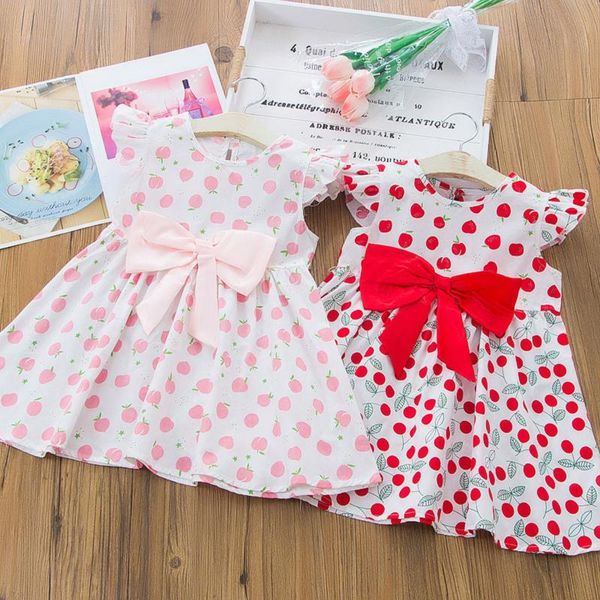 

girl's dresses toddler kids girls shorts sleeve flying round cherry fruit print pattern two-colors bow dress princess casual suits, Red;yellow