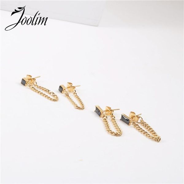 

hoop & huggie tarnish pvd gold finish fashionable black zircon chain earring stainless steel jewelry wholesale, Golden;silver