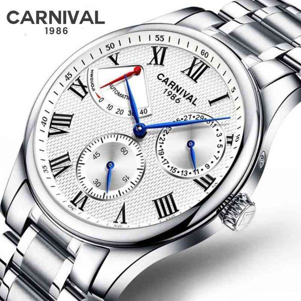 

automatic brand carnaval fashion business clock man luxury waterproof energy display mechanical relogio masculino, Slivery;brown