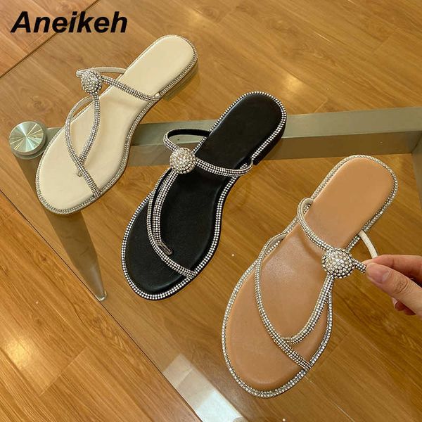 

aneikeh summer fashion outside shoes bling crystal bordered slip-on sandals flat heel open toe ladies party slippers 210615, Black