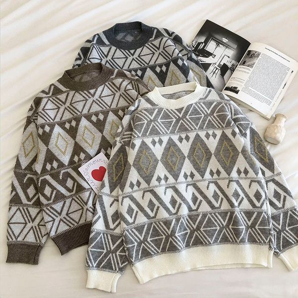

2021 new women vintage diamond plaid sweater autumn winter long sleeve loose casual pullover woman oversized korean knitted sweaters x83e, White;black