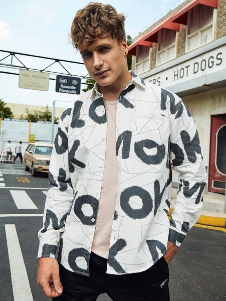 

men letter & geo print shirt t2lf#, White;black