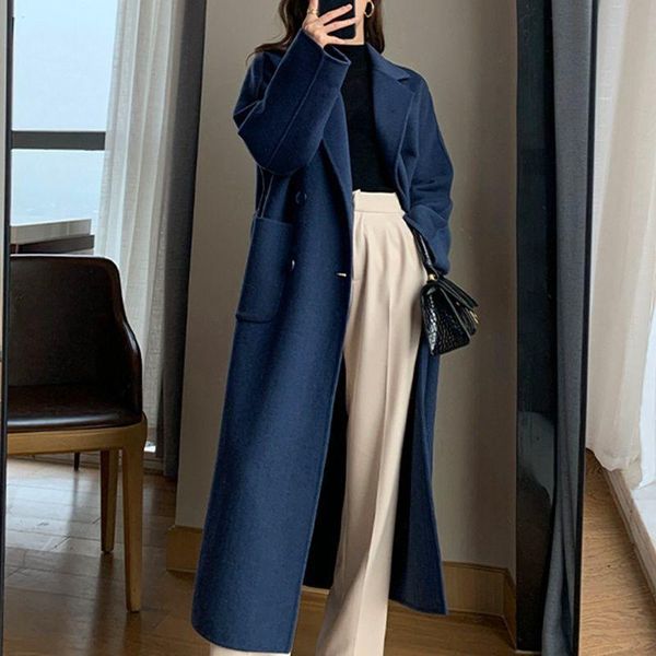 Женская шерстяная смесь 2021, женское пальто, верхняя одежда, осенне-зимняя теплая шерстяная женская длинная элегантная двубортная темно-синяя куртка