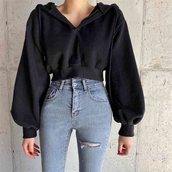 

casual solid pullovers black cropped women's hoodies autumn winter harajuku long sleeve female sweatshirt gothic jacket 210816
