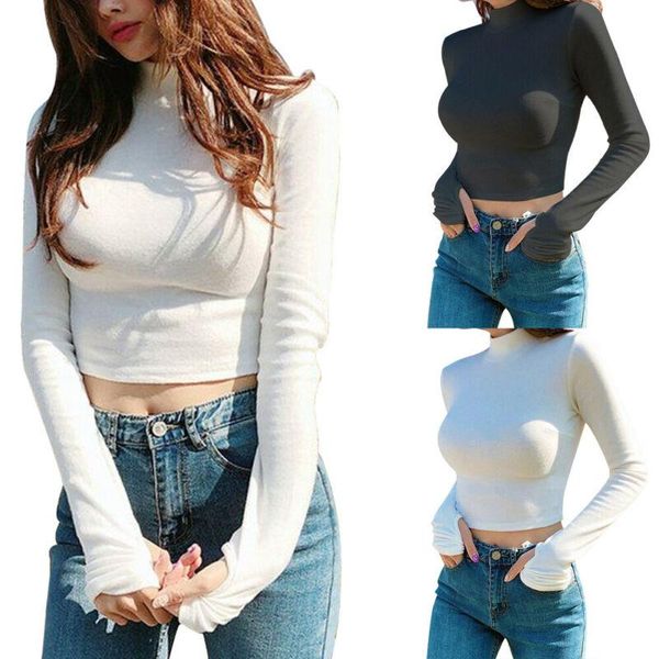 

women's t-shirt women solid t-shirts color high collar long-sleeved bottoming slim, White