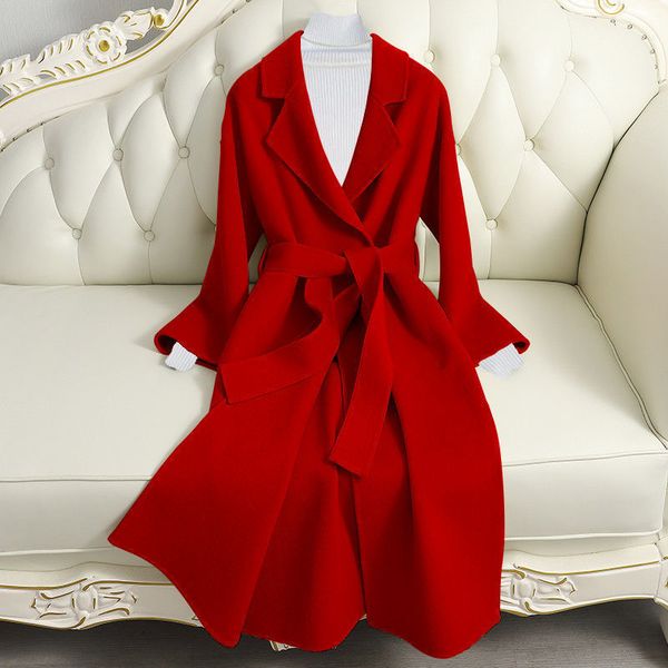 

2021 new woolen autumn winter women's mid-length solid color bouble-sided cashmere jacket female slim wool coat overcoat 579b, Black