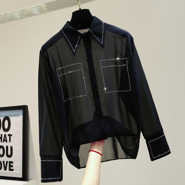 

2021 korean summer-style loose perspective woman shirt puncture long casual sleeve all-match chiffon blouse mujer wbl8, Black