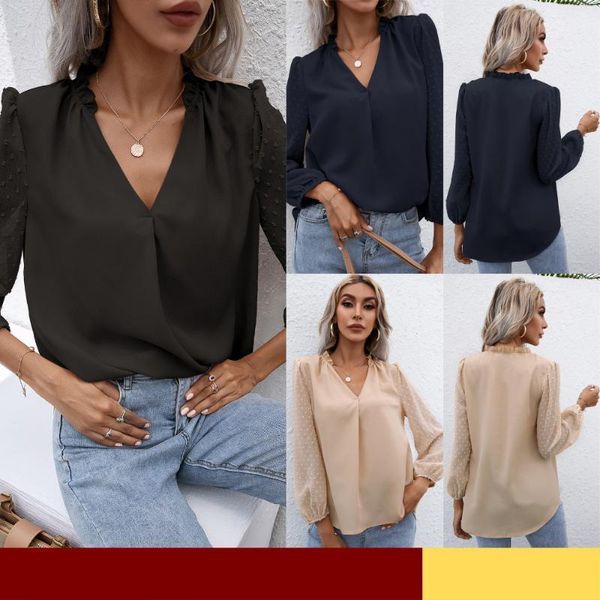 

women's blouses & shirts 2021 v-neck double ruffles blouse women autumn puff long sleeve casual vintage solid office lady blusas, White