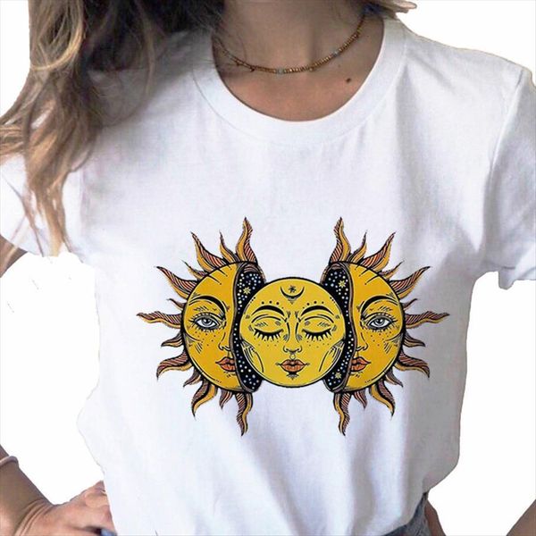 

summer sun moon print casual womens basis o collar white short sleeve shirt,drop ship