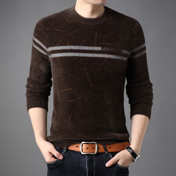 

21 autumn winter imitation mink cashmere middle-aged and young knitted sweater round neck jacquard men's thick bottomed shirt, White;black