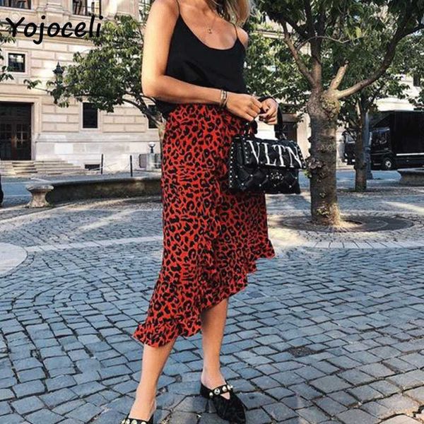 

yojoceli french style leopard skirt women ruffle midi bottom streetwear red print 210609, Black