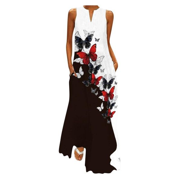 

casual dresses for women 2021 elegant flower butterfly sleeveless print v-neck maxi dress summer party cami with pockets, Black;gray