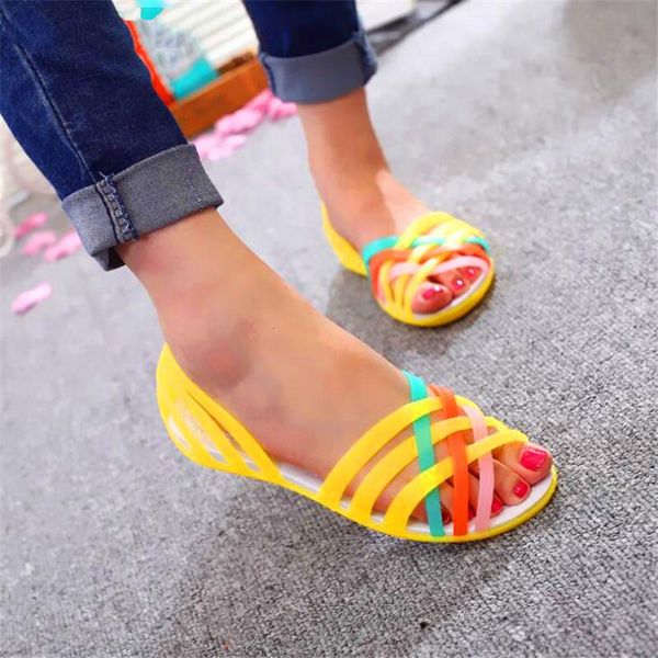

sandals women jelly shoes rianbow summer sandals female flat shoe casual ladies slip on woman candy color peep toe beach shoes, Black