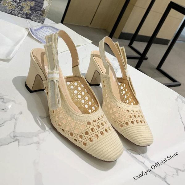

sandals classic women mesh round head square heel elastic band summer party dress shoes for lady size 35-42 genuine leather sole, Black