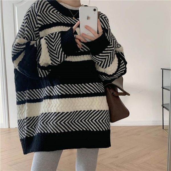 

women's sweaters striped sweater for women autumn and winter loose pullover lazy outside, White;black
