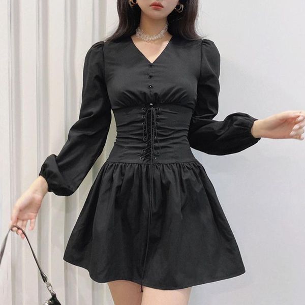 

casual dresses cool sweet dark black 2021 autumn fashion woman dress plain patchwork lace up high waist bandage latern sleeve, Black;gray