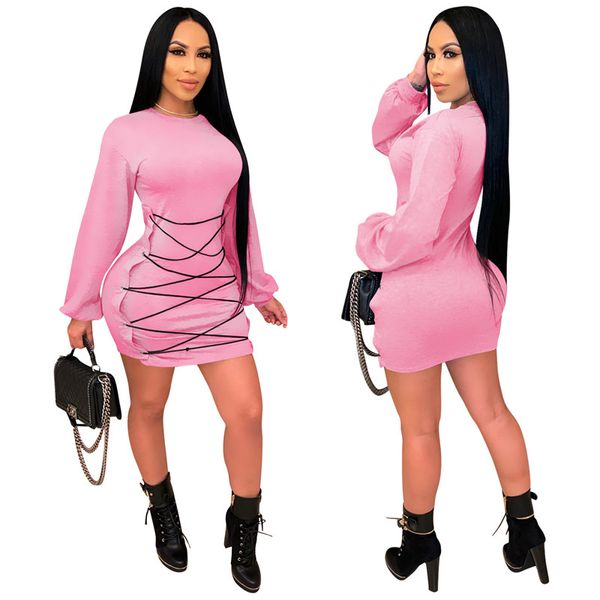 

spring autumn bandage mini dress woman long sleeve o-neck streetwear outfits bow lady casual dress club party dress, Black;gray