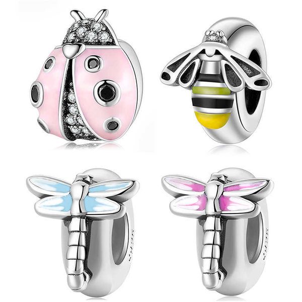 

925 sterling silver pink ladybug charming cz spacer beads fit original jiuhao charm bracelet bangles jewelry making, Bronze;silver