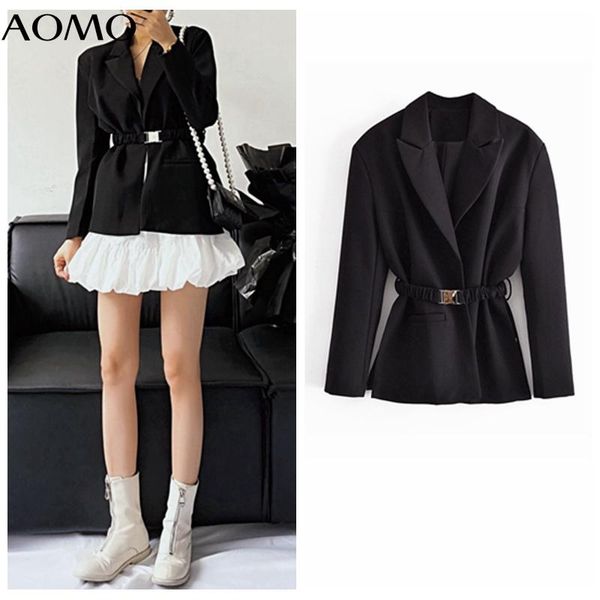 

women's suits & blazers aomo women black blazer coat with belt 2021 fashion female casual chic 3w194a, White;black
