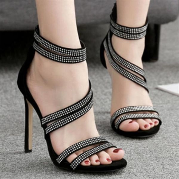 

sandals women flock slip on 11cm thin heels high round toe bling shallow zapatos de mujer shoes, Black