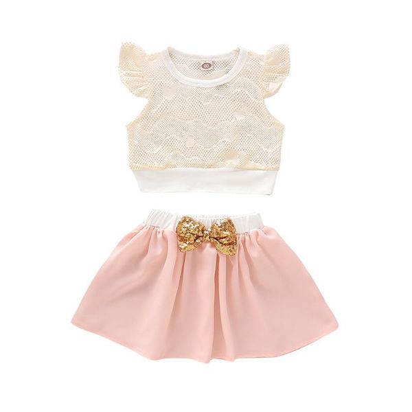 

clothing sets citgeesummer 1-4years kids girls fashion clothes hollow flying sleeve + mini bowknot skirt 2pcs set, White