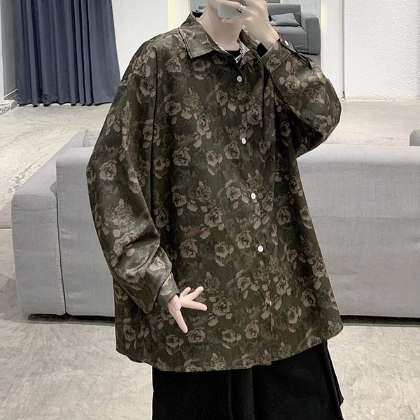

men's casual shirts autumn flower fashion printed men streetwear korean loose long-sleeved mens dress -2xl, White;black