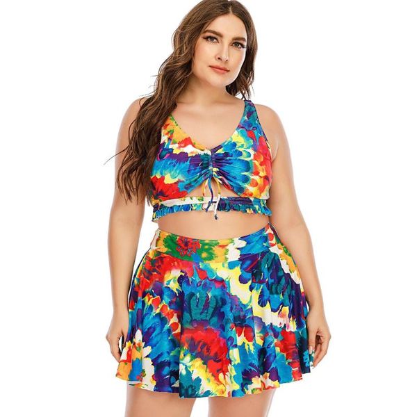 

2021 new colorful printed plus size tankini swimsuit women two piece swimwear bathing suit l--5xl