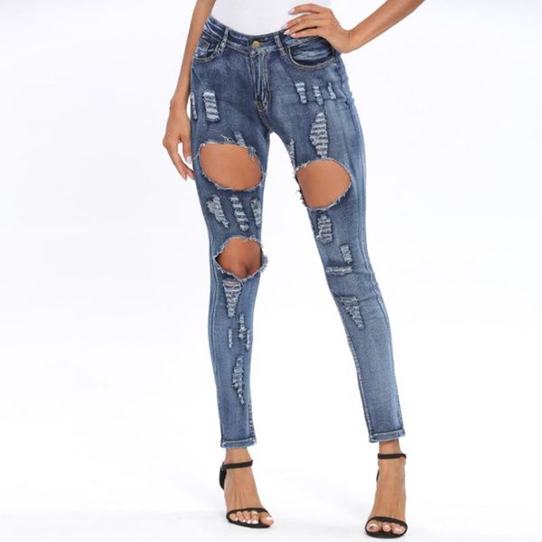 

women's jeans fashion women skinny denim pants holes high waist pencil casual trousers stretch ripped #c, Blue