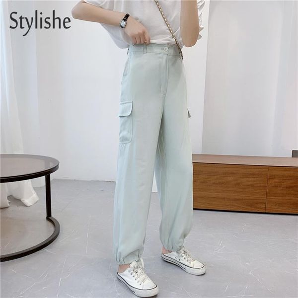 

women's pants & capris stylishe cargo women cotton high waist spring summer korean style loose green elastic casual trousers overalls, Black;white
