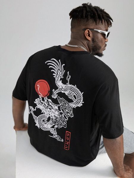 

extended sizes men japanese letter & chinese dragon graphic tee a5wj#, White;black