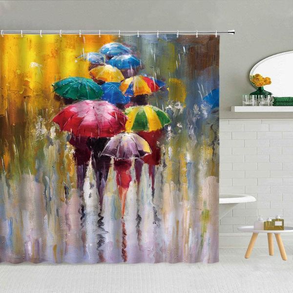 

shower curtains rainbow umbrella rainy street view curtain scenery oil painting bathroom decor partition waterproof bath screen