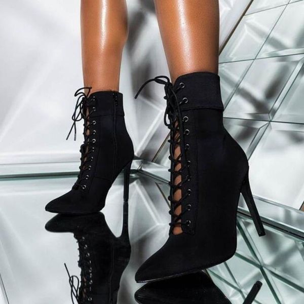 

boots ribetrini ladies solid zipper lace up ankle shoes women stiletto high heel mature leisure, Black