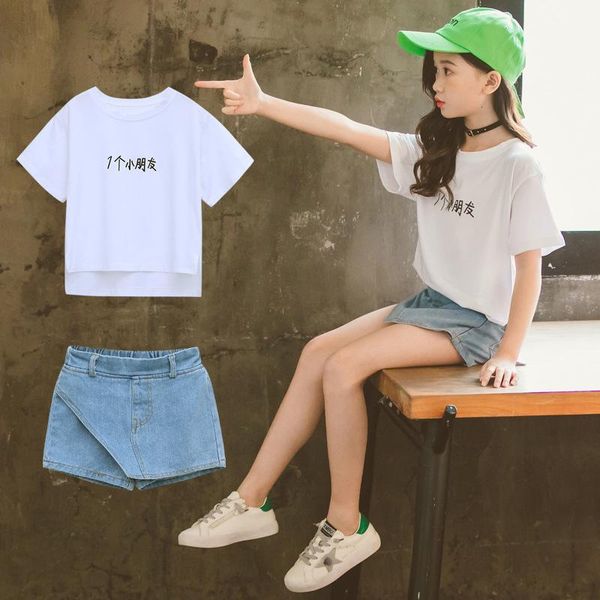 

clothing sets 2021 summer girls toddler clothes short sleeve t-shirts + denim shorts 2pcs teenager tracksuit 5 6 7 8 9 10 11 12 year, White