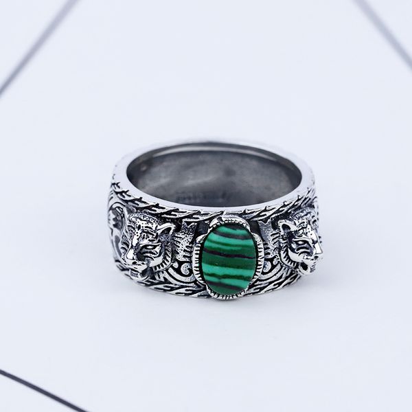 

s925 silver tiger head ring retro sterling silver inlaid malachite double tiger head ring men and women trend hip hop turquoise ring
