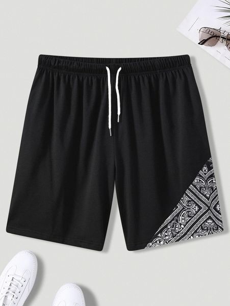 

men paisley print drawstring waist shorts r2cs#, Black