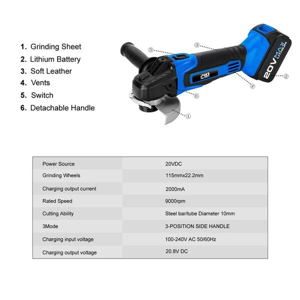 

20v cordless angle grinder cutting grinder machine 125/115mm polishing grinding electric angle grinder power tool by prostormer