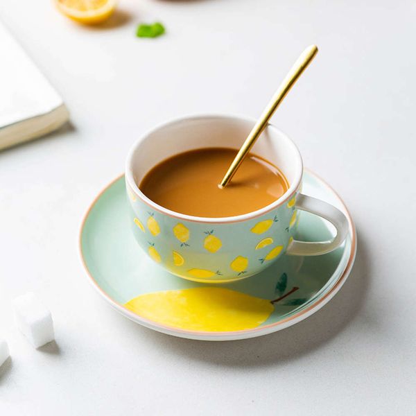 

180ml ceramic fruit pattern coffee cup set afternoon tea milk cup dish strawberry pear lemon saucer lovely girl birthday gift