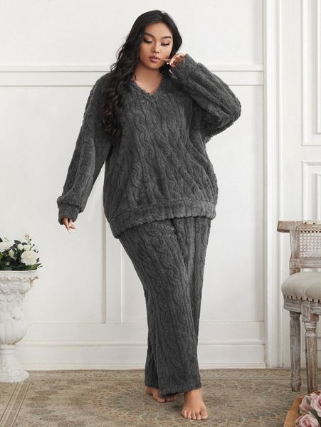 

plus drop shoulder cable textured teddy pj set f1cv#, Black;white