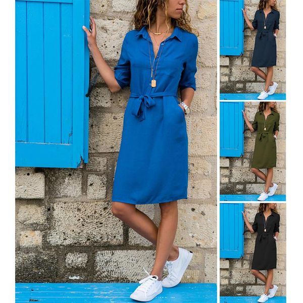 

2021 women spring autumn long shirt dress fashion three quarter turn-down collar straight women dress summer shirt dresses, Black;gray