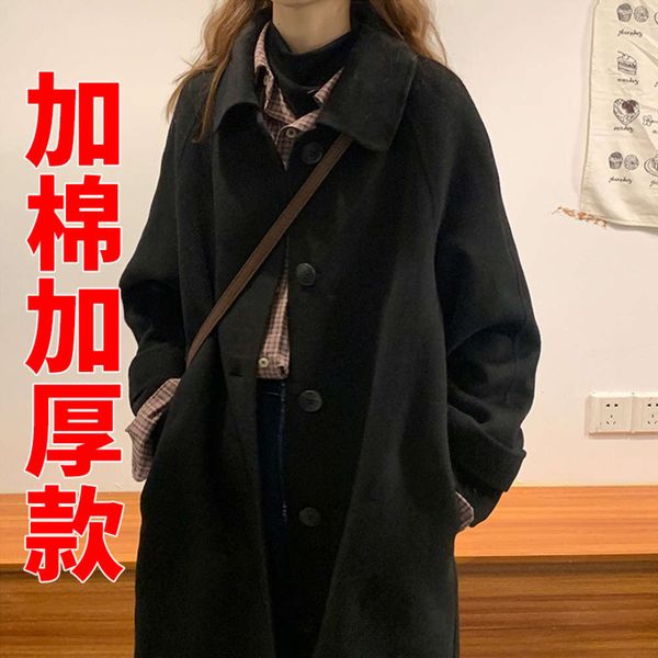 

black woolen coat women's autumn and winter version versatile hepburn medium long thickened, Black;brown