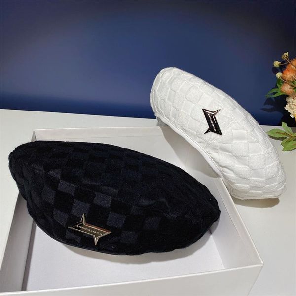 

berets women's hat checkerboard pattern plush beret autumn and winter retro plaid faux fur cap chic accessories chapeau femme, Blue;gray