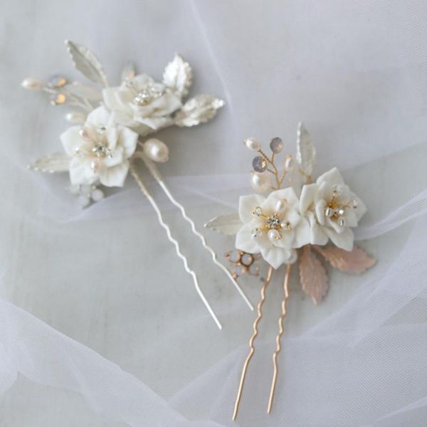 

hair clips & barrettes wedding accessories porcelain flower head pieces rhinestones crystal hairpins brides women pins headdress bridal jewe, Golden;silver