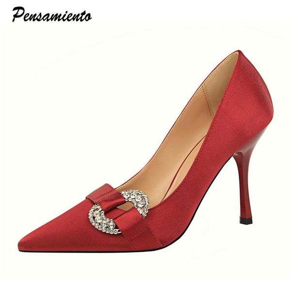 

women pumps concise satin crystal comfortable 7cm high heels party shoes elegant shallow wedding bride shoes woman, Black