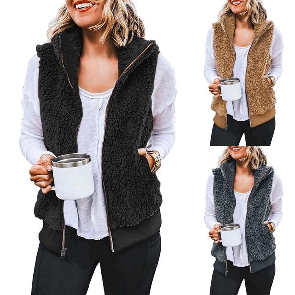 

women's vests womens sherpa fleece outwear zip up sleeveless faux-fur furry fall winter warm coat with pockets artificial wool vest, Black;white