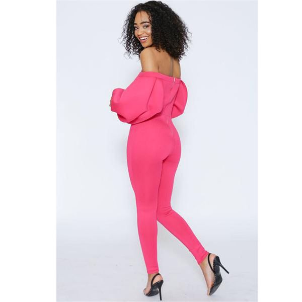 

women jumpsuit ladies party rompers off shoulder jumpsuit long sleeve romper skinny rompers trousers puff sleeve catsuits, White
