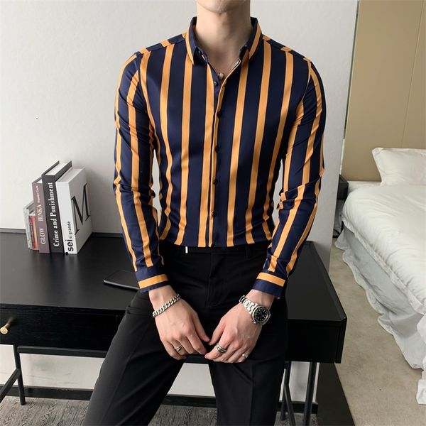 

autumn 2021 mode new striped korean men thin casual fitting long-sleeve men's shirts all game business shirt 3xl-m u3zd, Black;brown