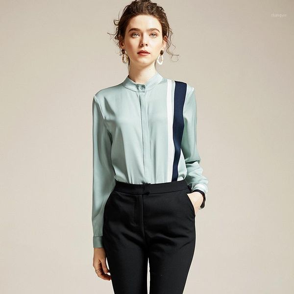 

95% natural silk women blouses 2020 early spring high street striped stand collar blusas mujer de moda women shirts long sleeve1, White
