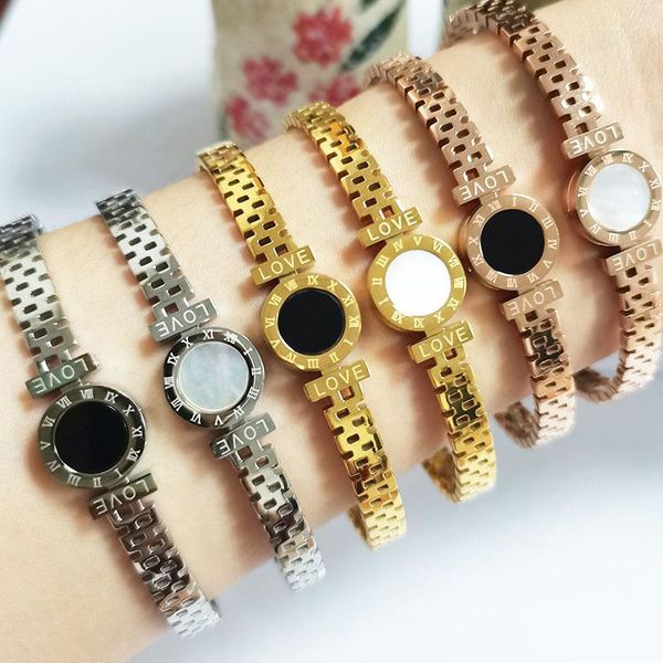 

bangle roman numerals shell bracelet for women men couple titanium steel strap hollow letter rose gold love english, Black