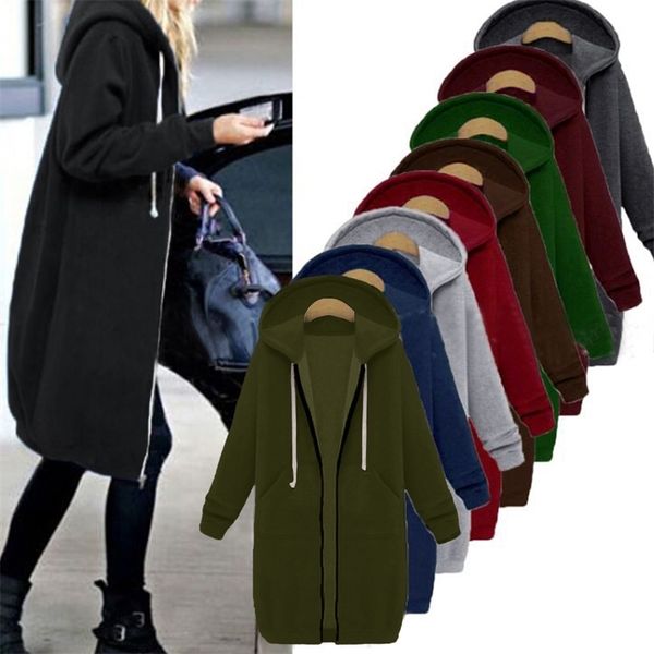 

laamei autumn winter casual women long hoodies sweatshirt coat zip up outerwear hooded jacket plus size outwear 201127, Black